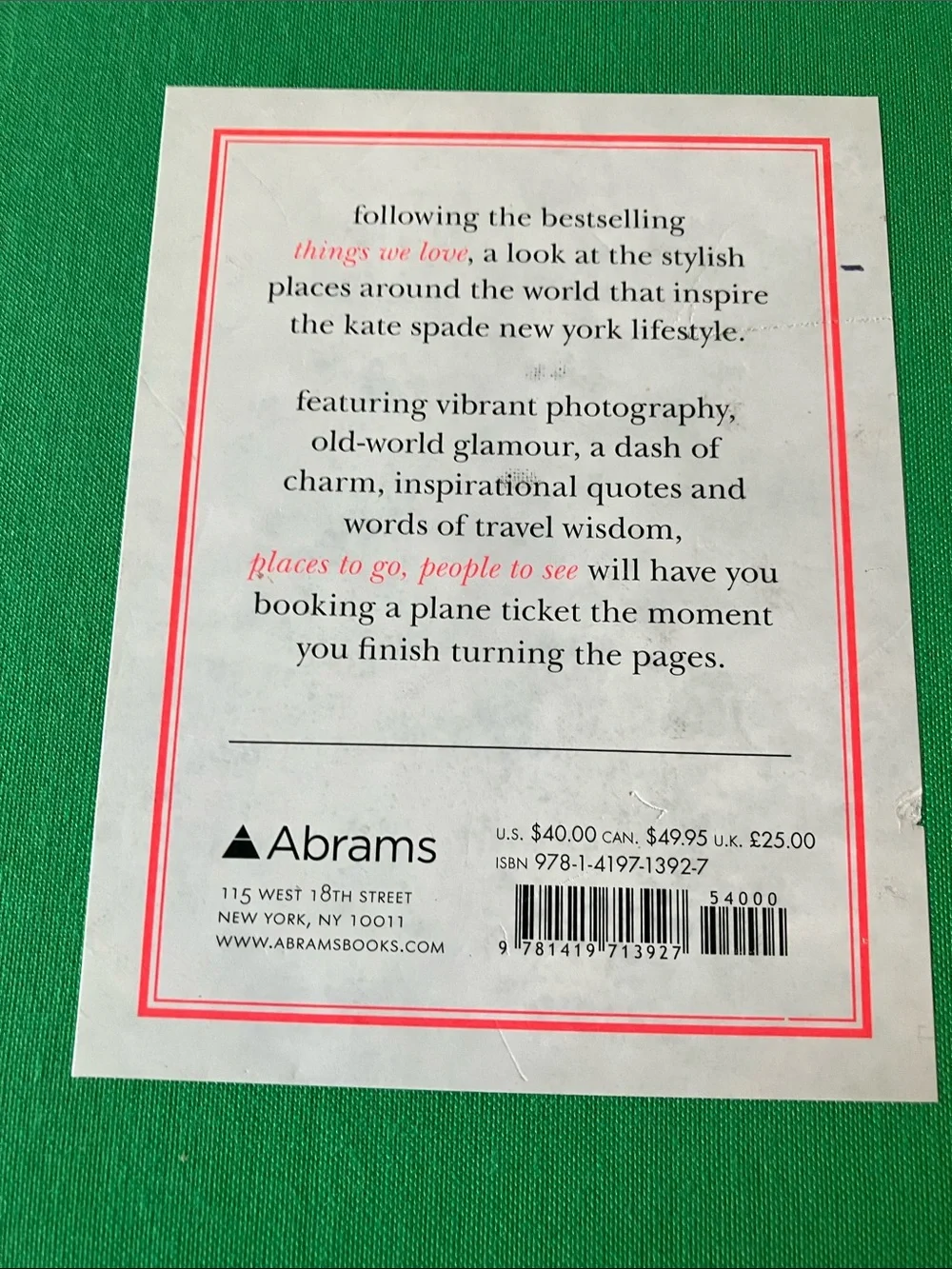 kate spade: Green “Places to Go People to See” Table Book- gold foil